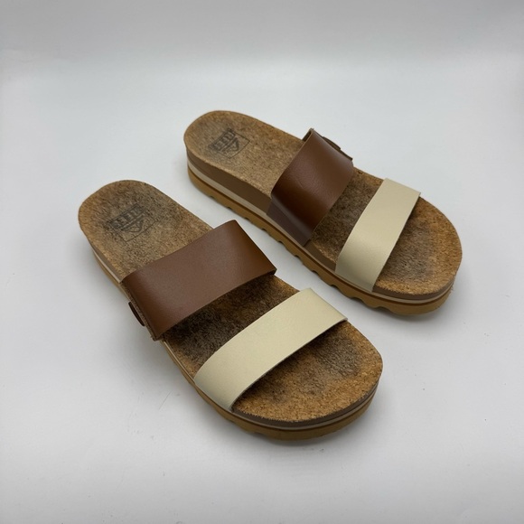 Reef Shoes - Reef Cushion Vista Hi Slide Sandal Size 8 Brown Cream Platform Vegan Leather